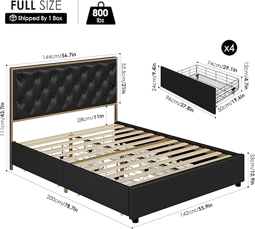 Miniatura 2 de HIFIT Marco de cama matrimonial con 4 cajones de almacenamiento marco de cama tapizado de tamaño matrimonial con cabecera copetuda hecha a mano base