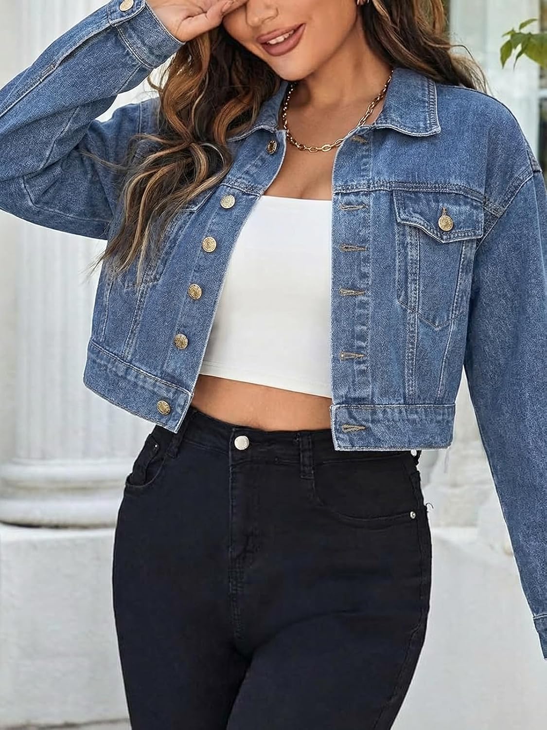 EMMIOL Cropped Denim Jacket for Women Vintage, Oversized Jean Jacket Distressed Dark Wash, Baggy Short Coat - Image 4