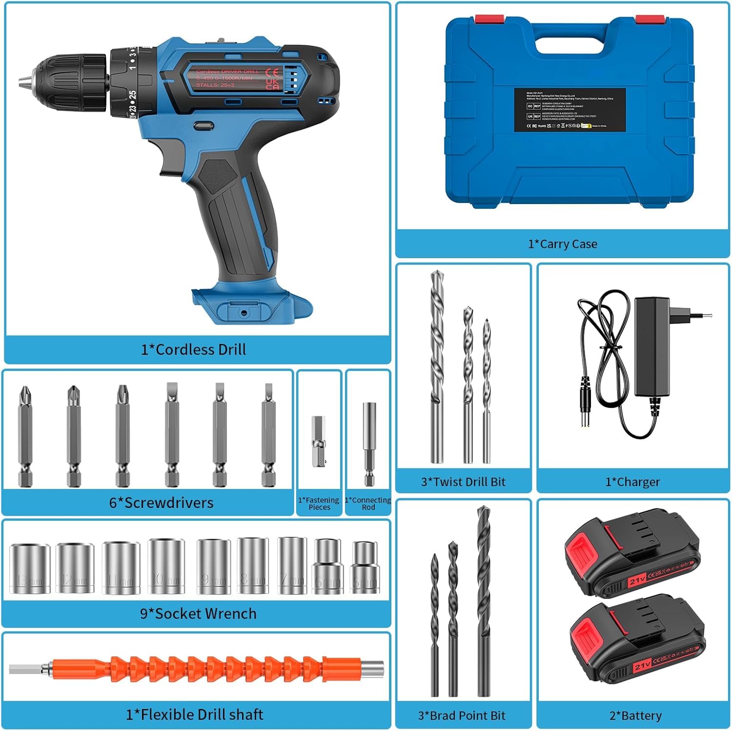 Trapano Avvitatore 21V con Valigetta – Kit Completo: 2 Batterie 2000mAh, 2 Velocità, 25+3 Regolazioni di Coppia, Mandrino 10mm e 24 Accessori – Ideale per Casa, Fai-da-Te e Montaggio Mobili