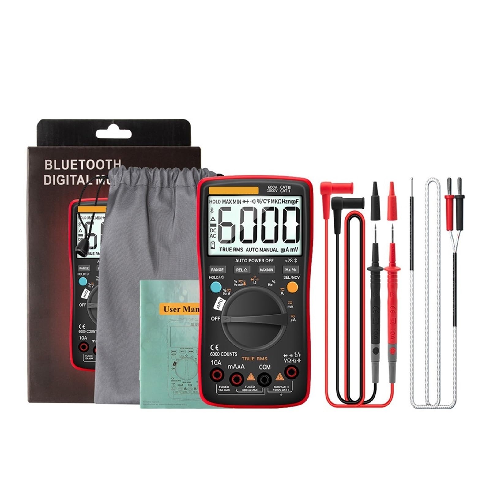 Multimetr Cyfrowy Bluetooth 6000 Liczy Profesjonalny MultimetroTrue Tester Napięcia Prądu AC/DC Auto-Range Szybko Dokładnie Łatwy Odczyt(Red)