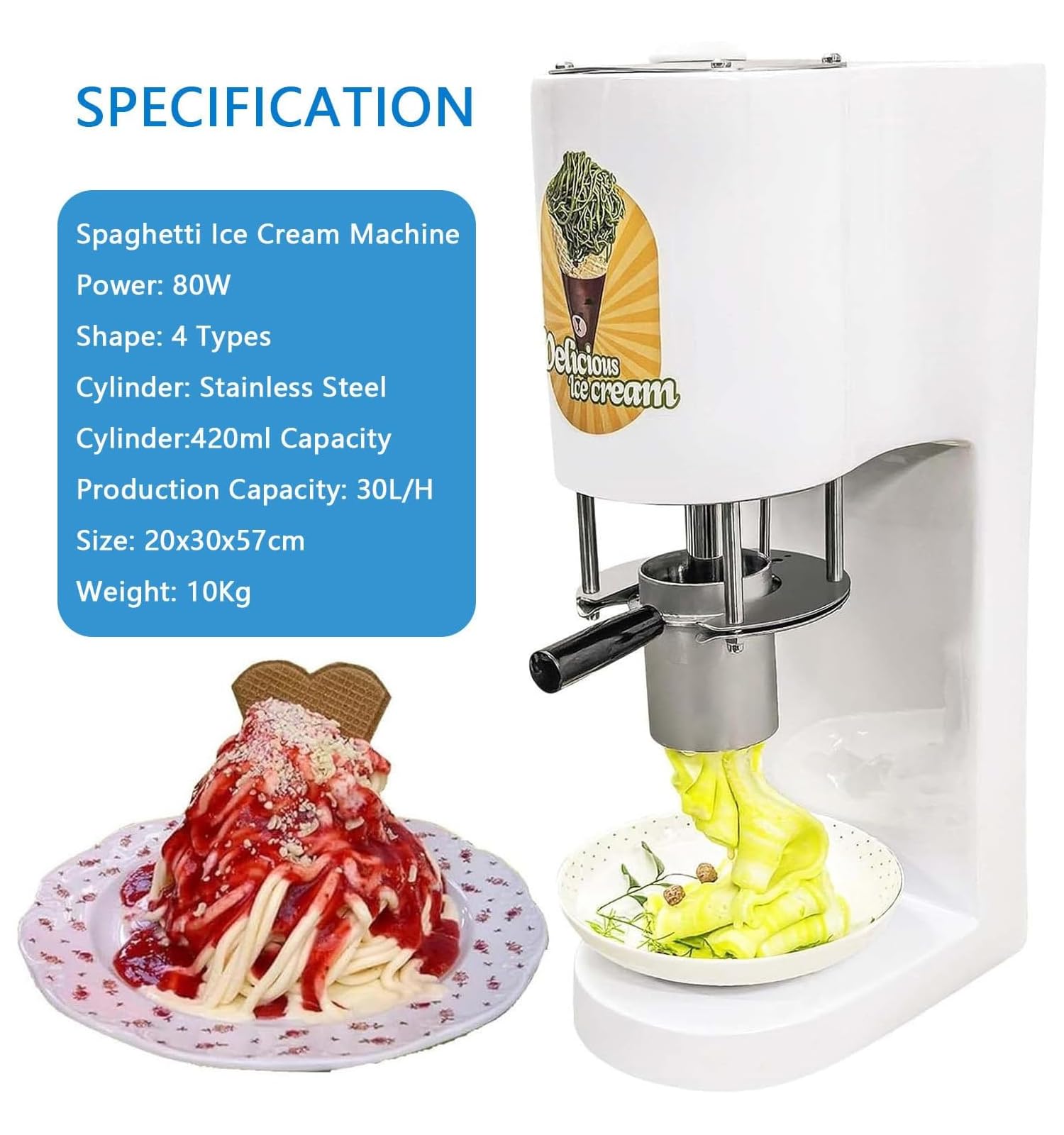 MáQuina De Helado Comercial, 7.4-7.9 GAL/H MáQuina para Hacer Helado De Espagueti con Tolva De 4.2l, MáQuina para Hacer Helado para Fiestas De CumpleañOs, Restaurantes, Bares,Amarillo