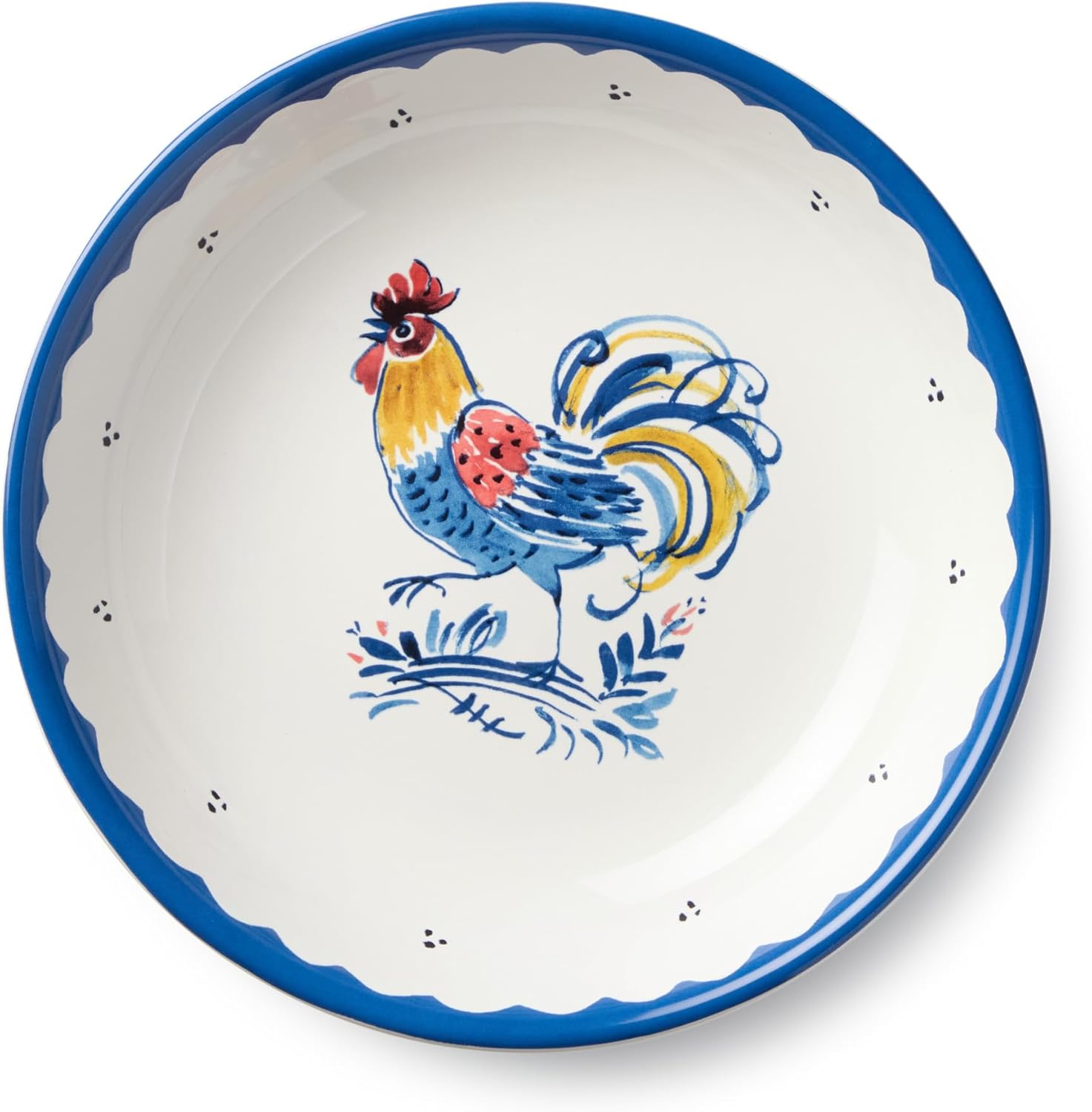 French Rooster Ceramic SOUP/CEREAL BOWLS, SET OF4, 9 x 2 inch bowls with classic rooster motifs and cobalt borders, perfect for soups, pasta, salads, country farmhouse kitchens