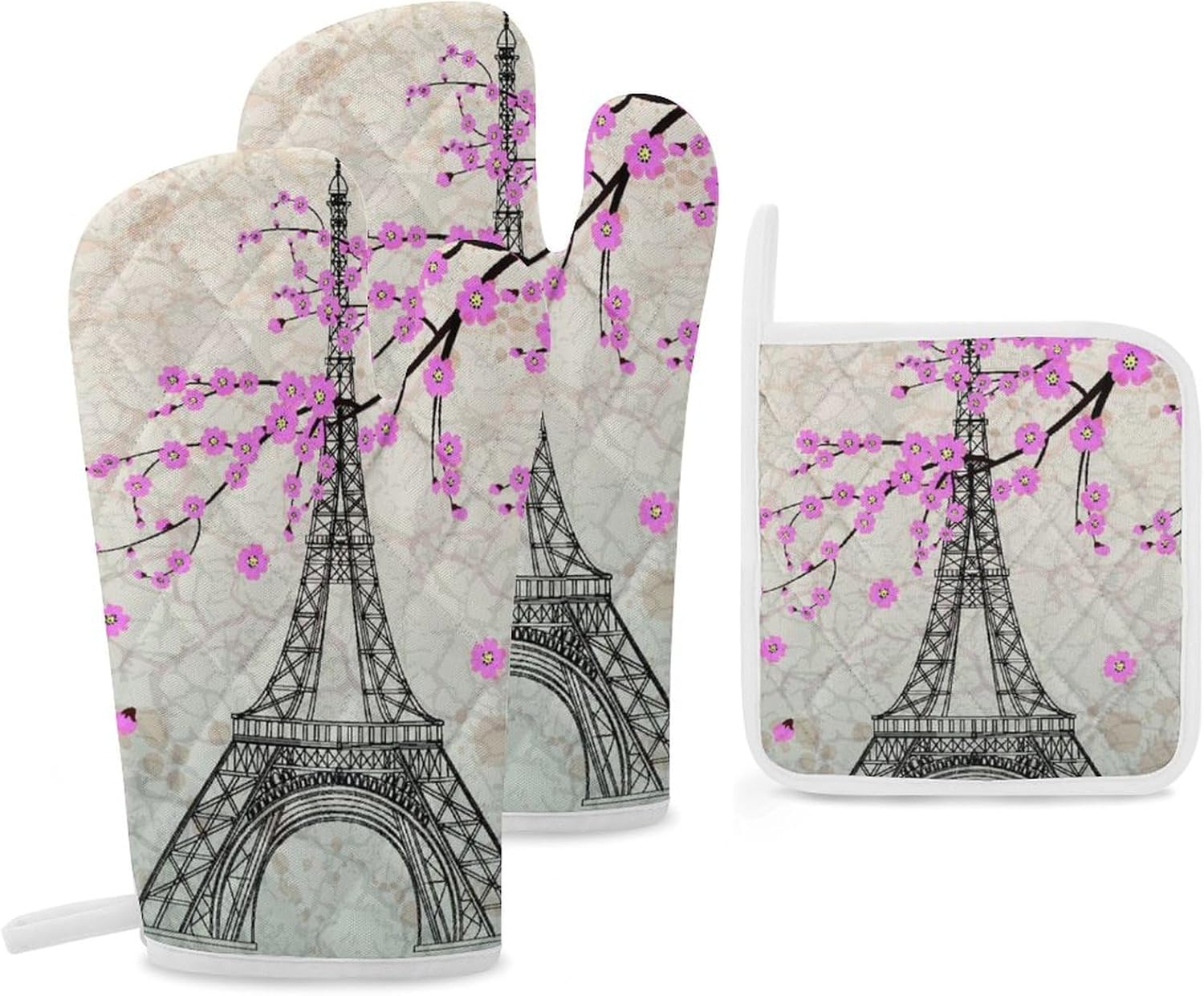 Pairs Eiffel Tower Print Oven Mitts and Pot Holders 3 Piece Sets Heat Resistant Gloves Hot Pads Potholders for Kitchen Baking Cooking