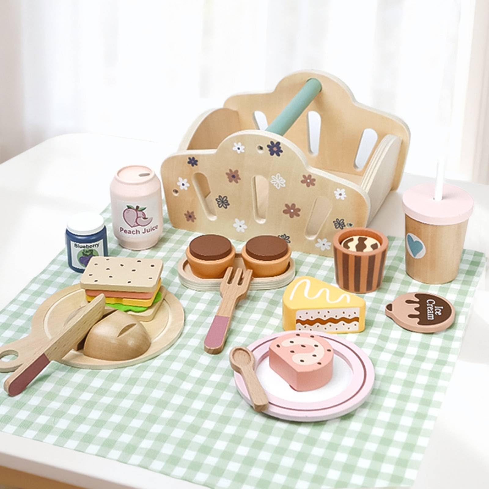 Juego de Picnic Infantil Cocina de Juguete Canasta Madera Pan Set Simulación Rebanable y Sándwich Apilable Aprendizaje Social y Motricidad Fina Adecuado para Juego en Viajes