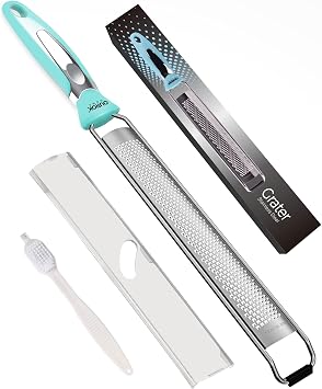 Ourokhome Kitchen Lemon Zester, Stainless Steel Hand Held Parmesan Cheese Grater for Ginger, Chocolate, Coconut, Lime, Nutmeg, Citrus, Fruit, Vegetable with Cleaning Brush, Dishwasher safe, Blue