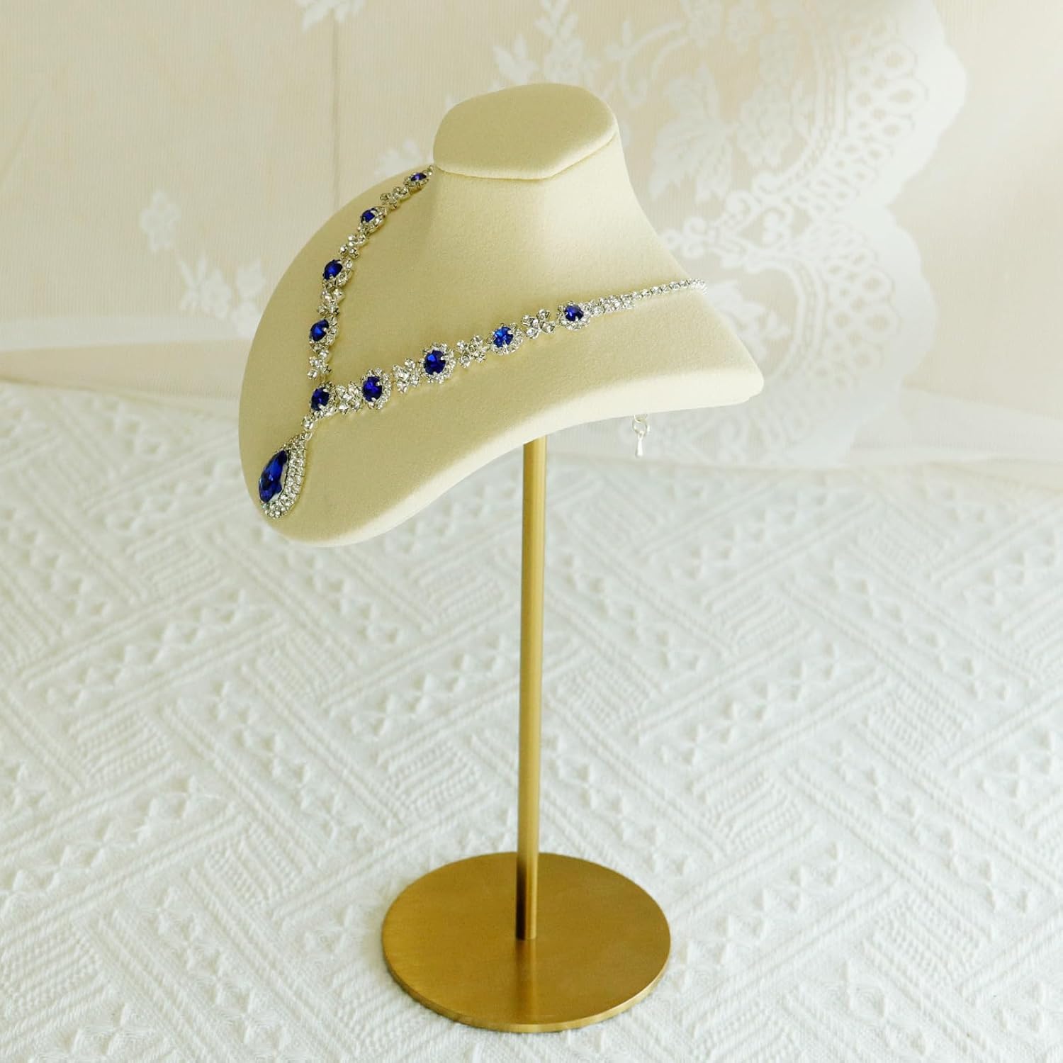 Beige White Microfiber Leather Necklace Display With Stainless Steel Stand – Jewelry Bust For Shops, Markets, Or Home – 9.84in / 25cm With Anti-Slip Clips