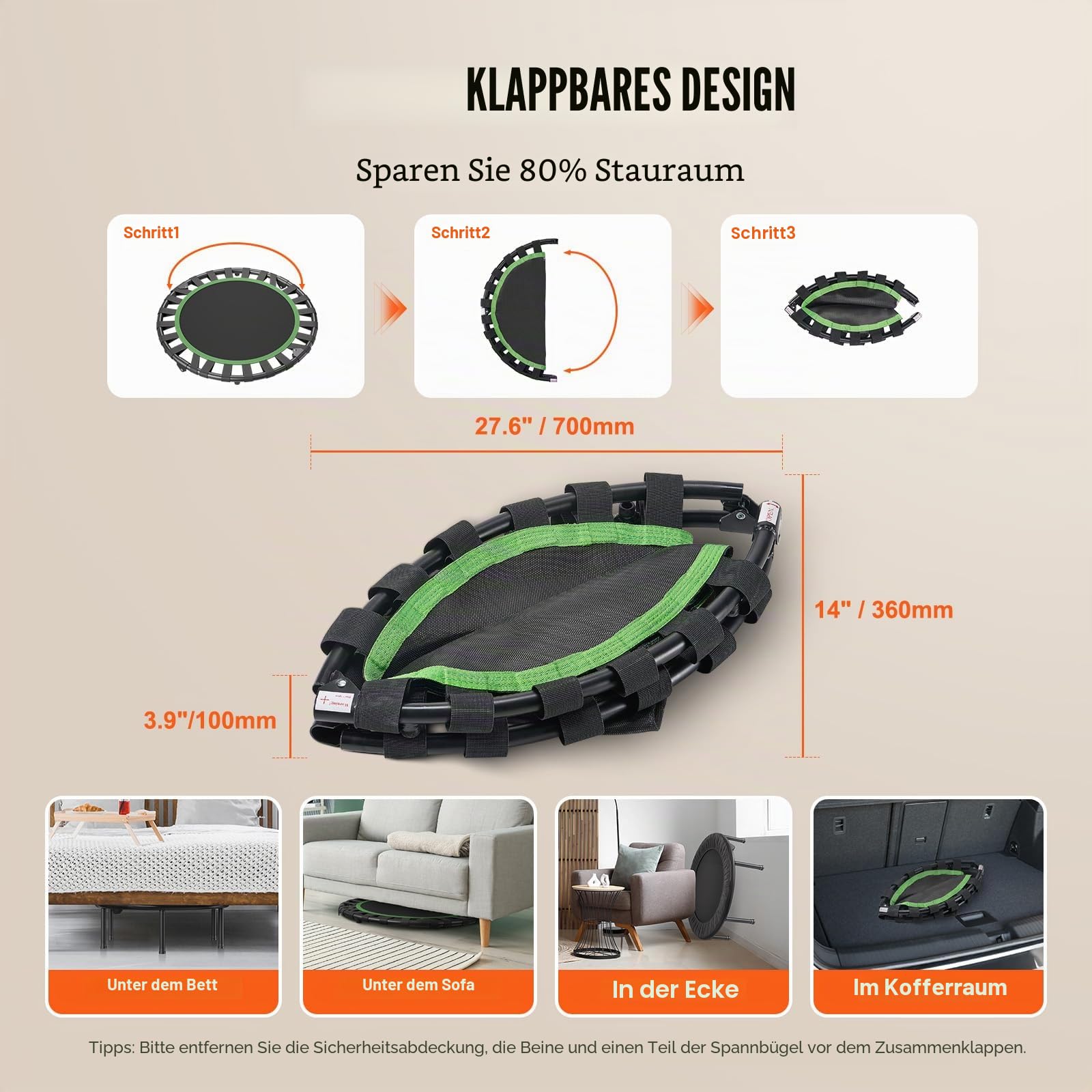 VEVOR Faltbares Mini-Trampolin Fitness-Rebounder 934 mm, 100 kg belastbares Trainingstrampolin, Rebounder Sport Trampolin für Erwachsene für Indoor-/Gartentraining