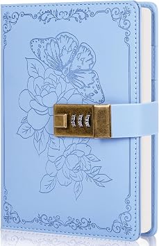 Billtigif Diary with Lock, Vintage Lock Journal for Women and Girls, Hardcover Leather Journal for Gift, Refillable Lined Journal Notebook,5.2"x 7.3", Light Blue