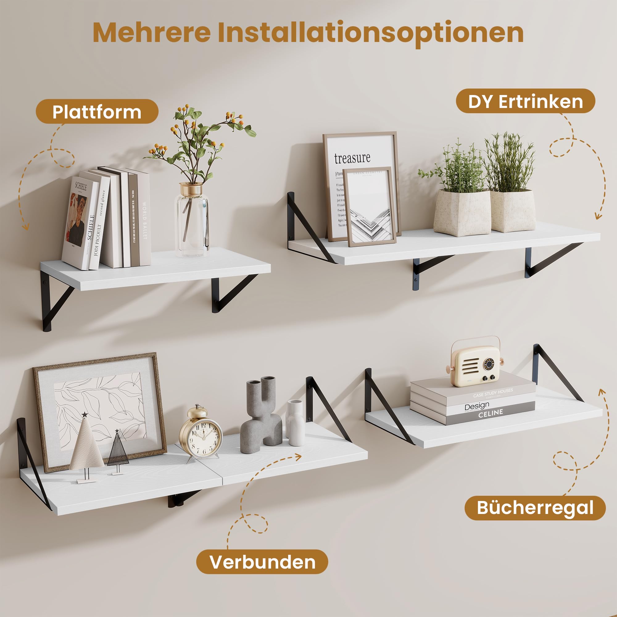 Acovy Wandregale, 2er-Set, 60 cm breit, 25 cm tief, rustikale und robuste Wandregale für Küche, Büro, Bad, Schlafzimmer, Wohnzimmer, Waschküche, Weiß