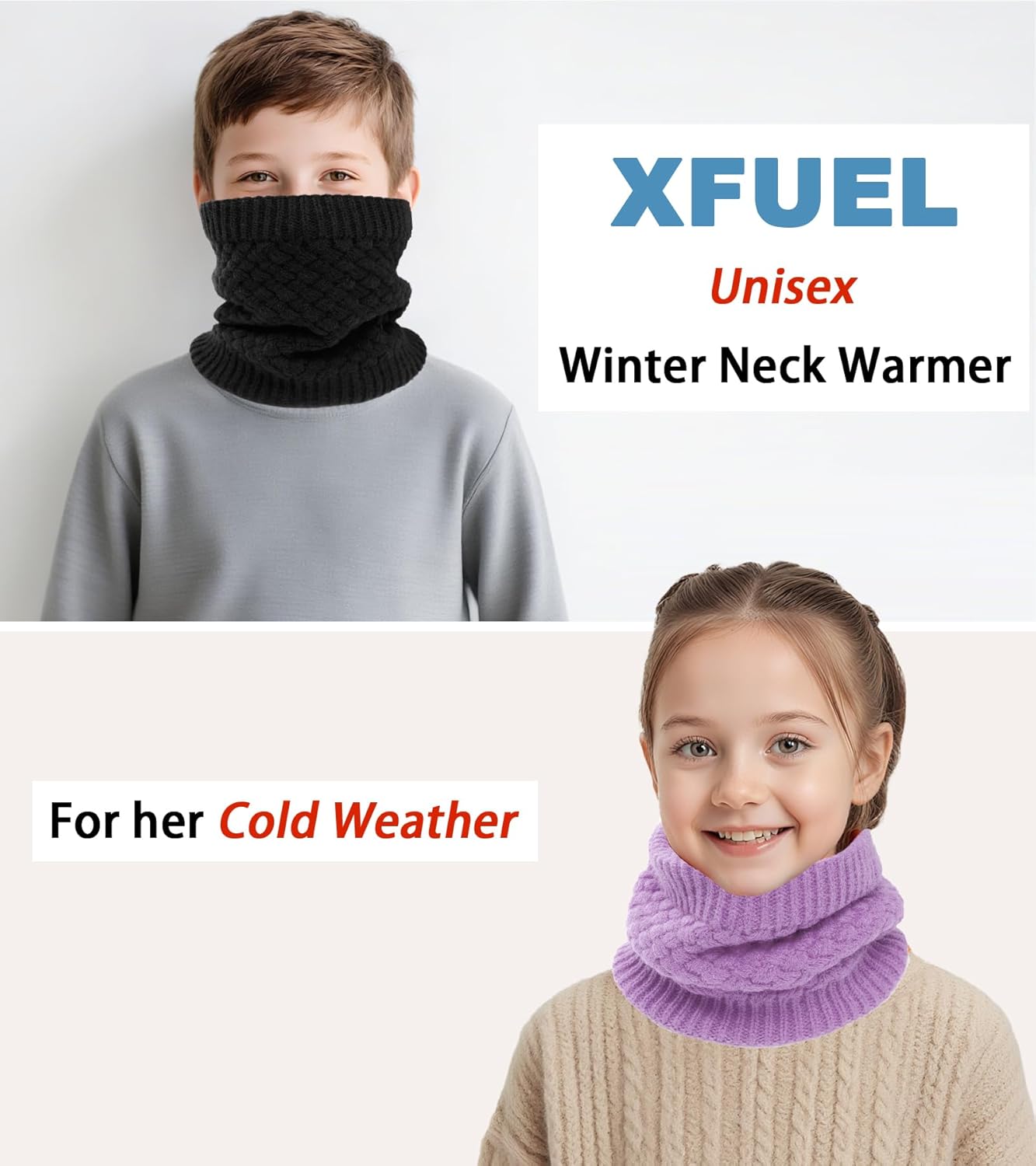 Kids Neck Warmer, Knitted Winter Neck Gaiter for Boys Girls Fleece Lined Infinity Scarf for Cold Weather - Image 2