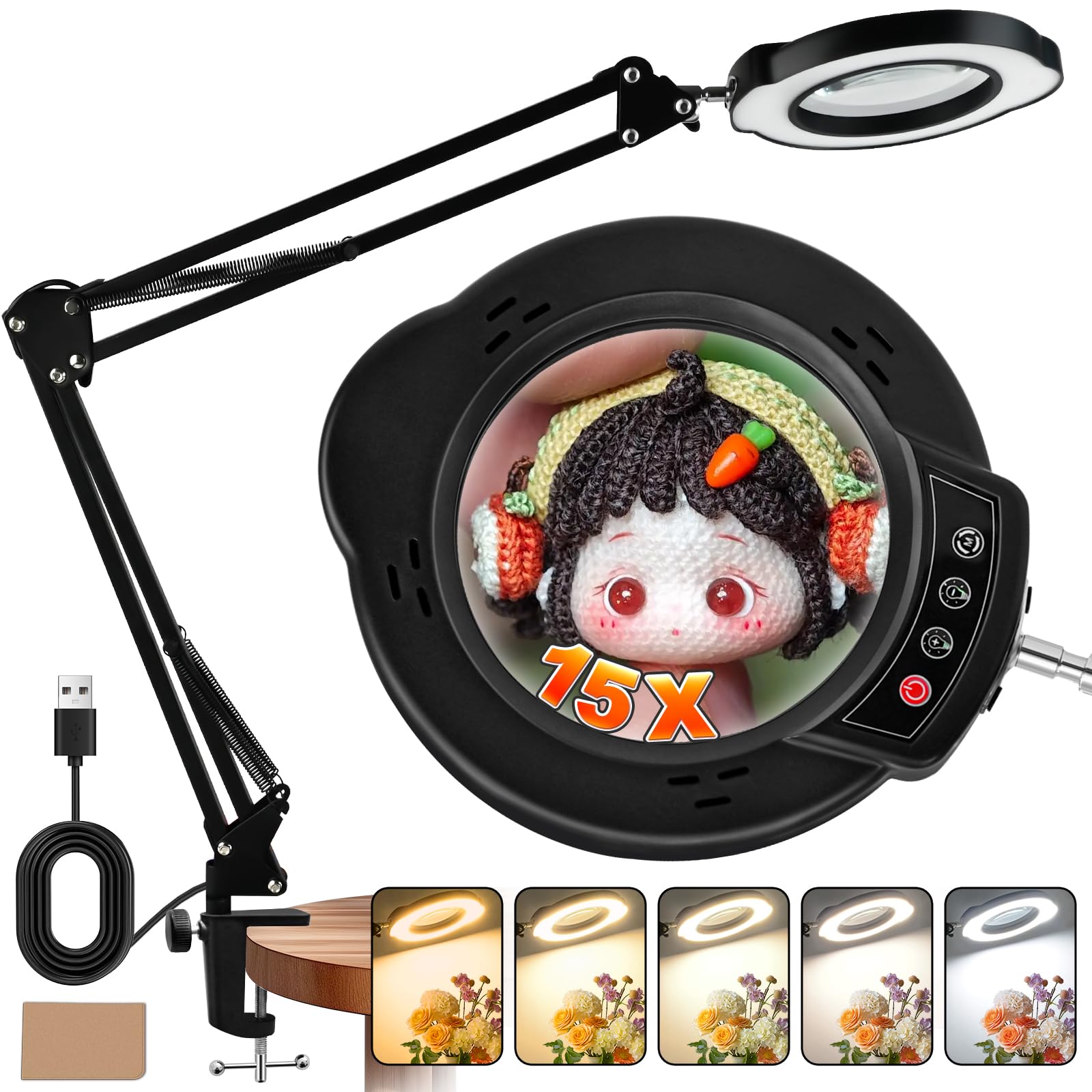 VvLons 15X Magnifying Glass with Light and Clamp, Lighted Magnifying Glass Desk Lamp LED Magnifier Lamp with Light and Clamp 5 Color Mode 10 Brightness Dimmable Real Glass Lens for Reading Close Work