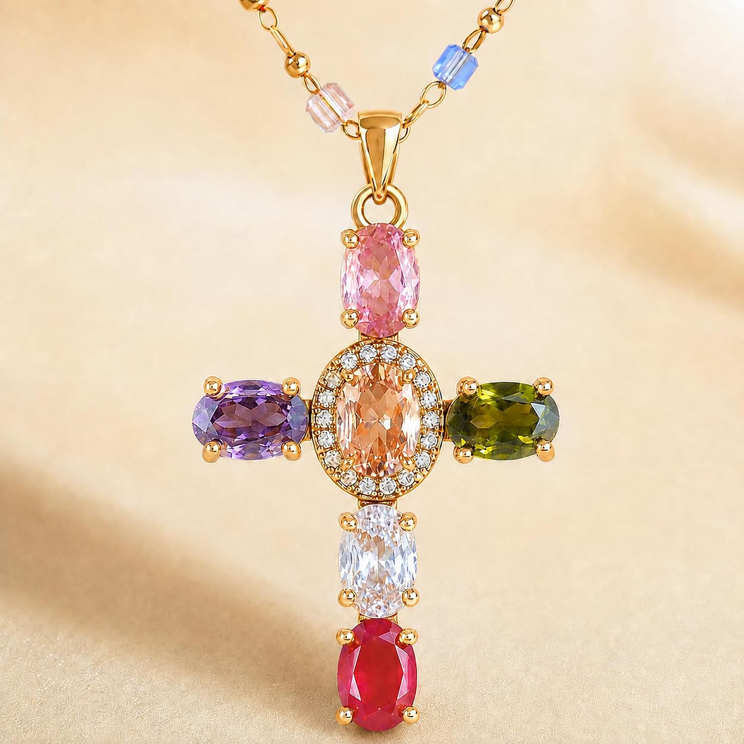 Colorful Gold Cross Necklace for Women, CZ Pendant with Beaded Chain