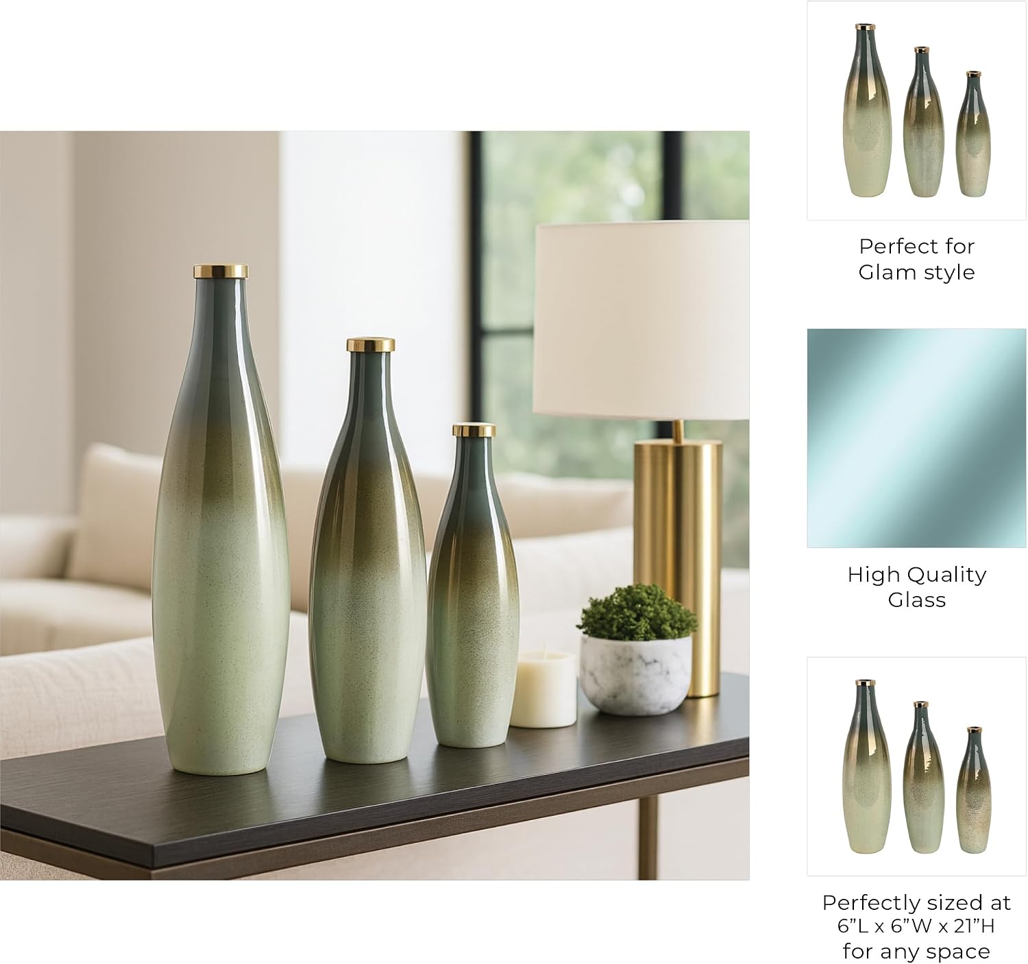 Tall Glass Vase Bottles for Home and Living Room Decor - Decorative House Accent for Dining Room, Bedroom, or Office - Contemporary Flower Vase for Table Decor - Set of 3, 21", 18", 16", Green