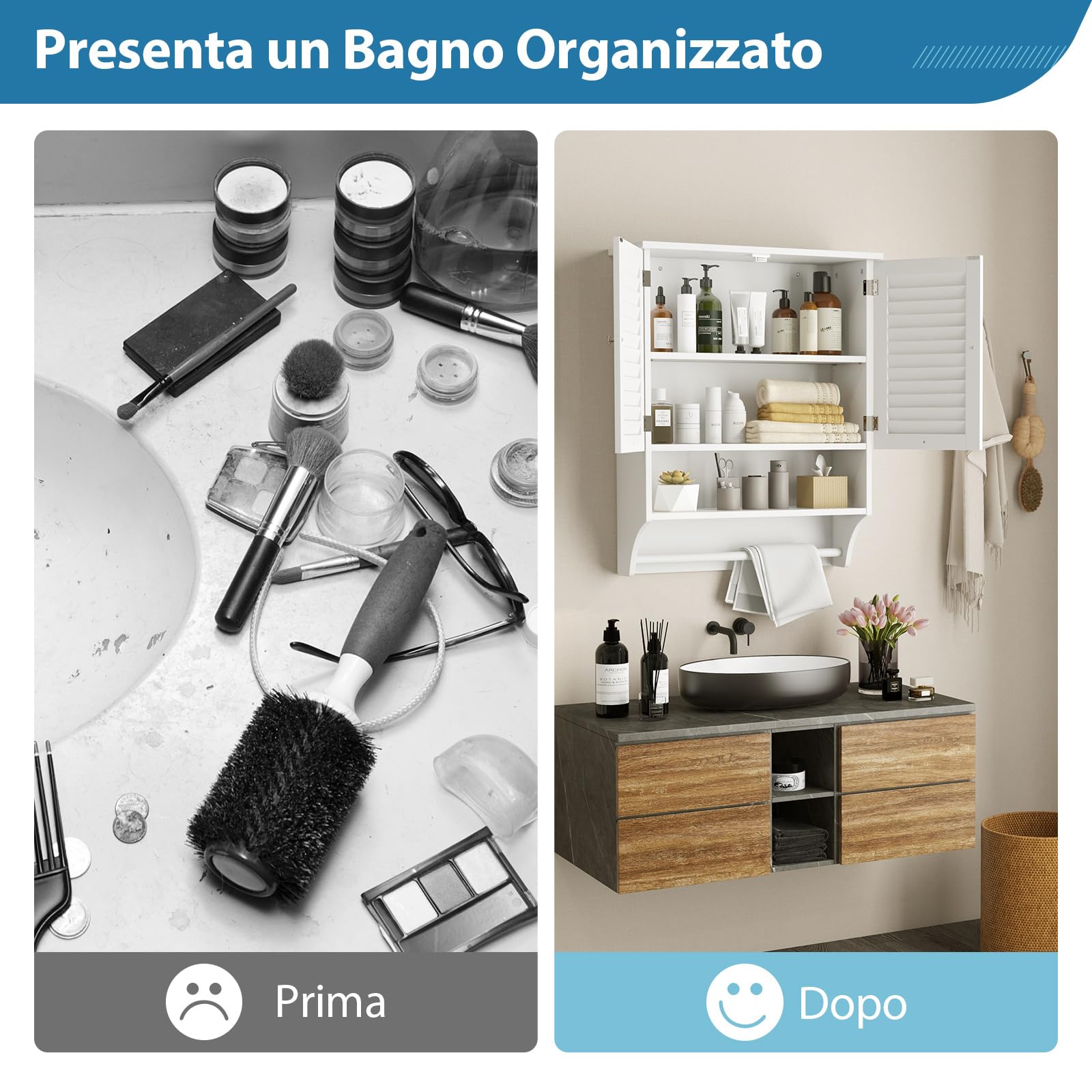 COSTWAY Armadietto da Bagno Sospeso, Armadietto da Parete con 2 Ante, con Ripiano Regolabile in 3 Posizioni e Barra Porta Asciugamani, 60x22x75 cm (Bianco)