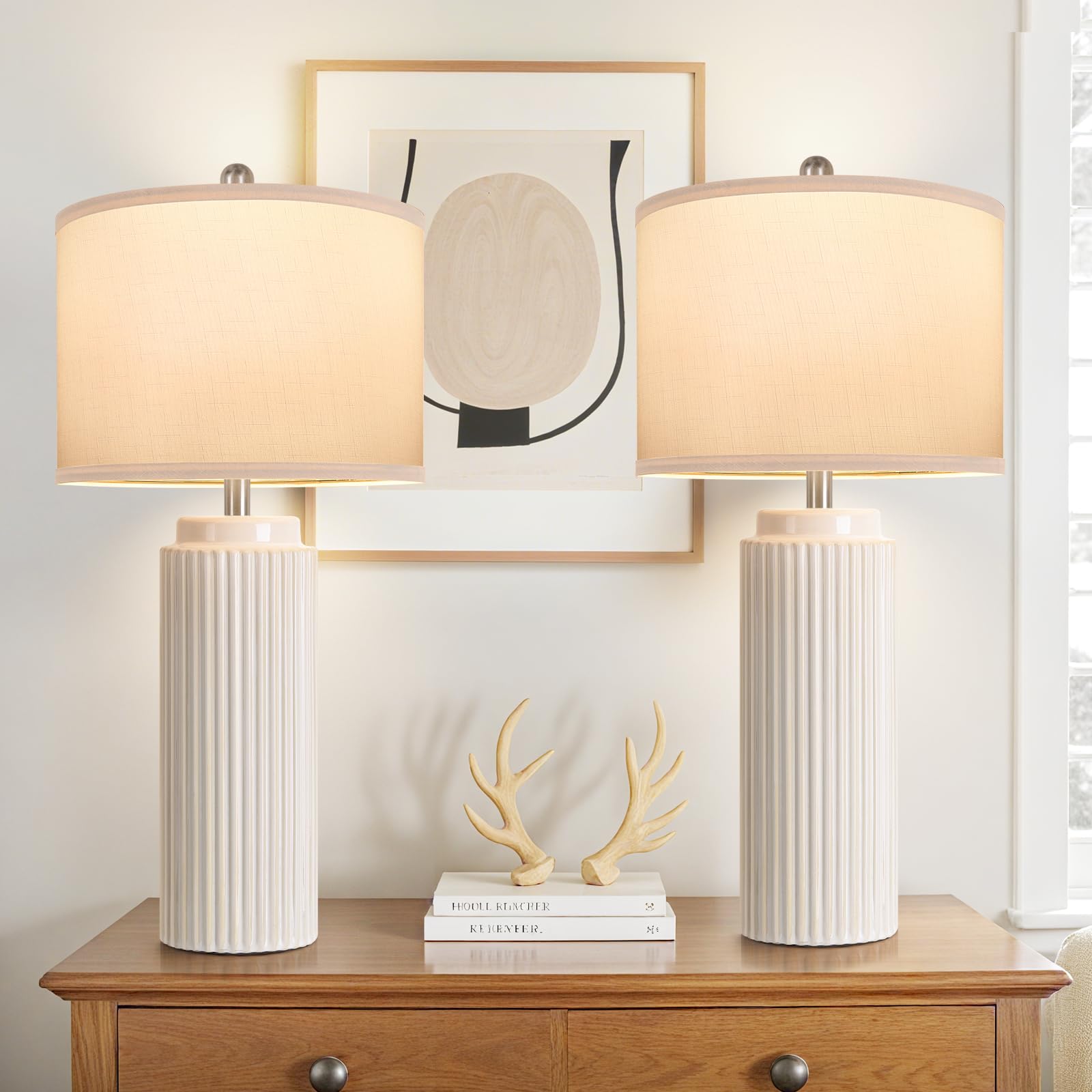 28' Cream Ceramic Table Lamps Set of 2, Modern Nightstand Lamps Cream-2 28.5'