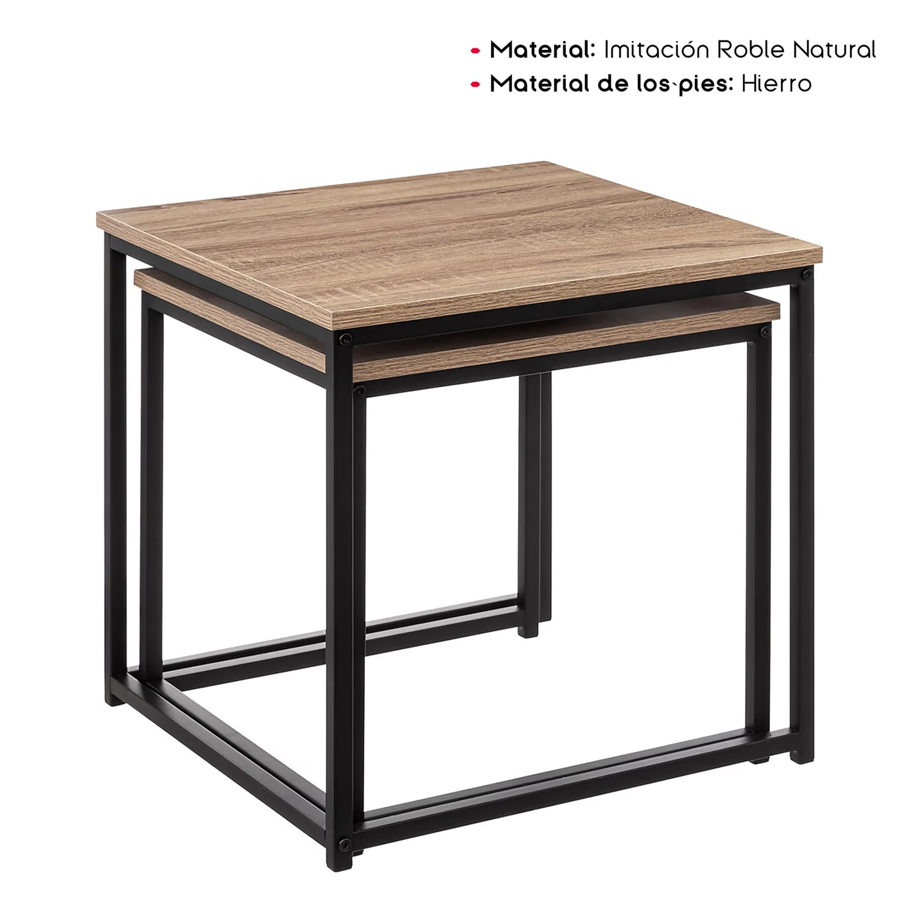 TIENDA EURASIA – Juego de 2 Mesas Nido | Mesa de Centro | Imitacion de Roble | Color Natural | 40x40x40 cm y 50x50x50 cm | Material de los Pies Hierro Color Negro