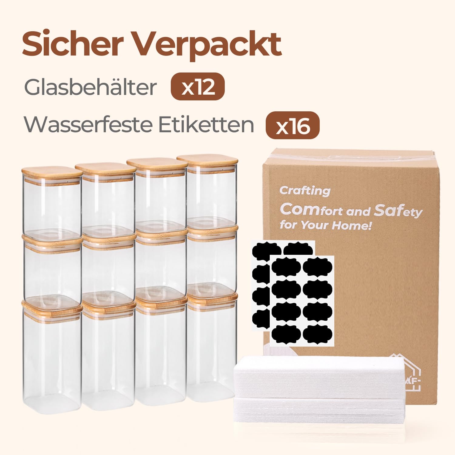 ComSaf Vorratsgläser, Glasbehälter mit Deckel, Vorratsdosen Glas 1 L×4/600 ml×8, 12er Set Vorratsgläser mit Deckel Luftdicht, Vorratsglas, Aufbewahrungsgläser Aufbewahrung Küche für Müsli, Cerealien