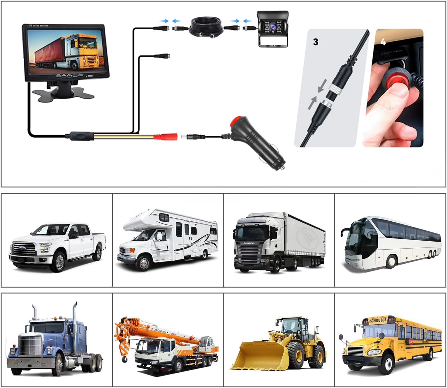 Kit Caméra de Recul BEYI 1080P HD – Écran LCD 7″ et Filaire Caméra Signal Stable en Temps réel, Vision Nocturne Étanche, pour Camion, Camping-Car, Remorque & Utilitaire (12V-24V) avec 15m Câble
