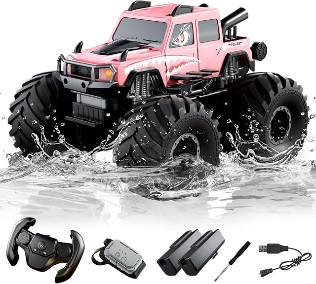 Voiture de télécommande amphibie, étanche à 360° 4WD RC Monster Trucks, 2,4GHz Tous les jouets de ramassage hors route,RC Auto Pool Toys Remote Control Boat pour les cadeaux pour les enfants de 8-12 ans et plus (Pink)