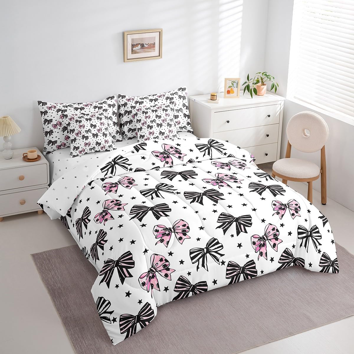 Manfei 7 Pieces Bowknot Comforter Set Queen Size, Black Pink Bow Print Bedding Set for Kids Girls Women Bedroom Decor, Cute Bow Tie Print 7pcs Bed in a Bag with Comforter, Sheets and Pillow Cases