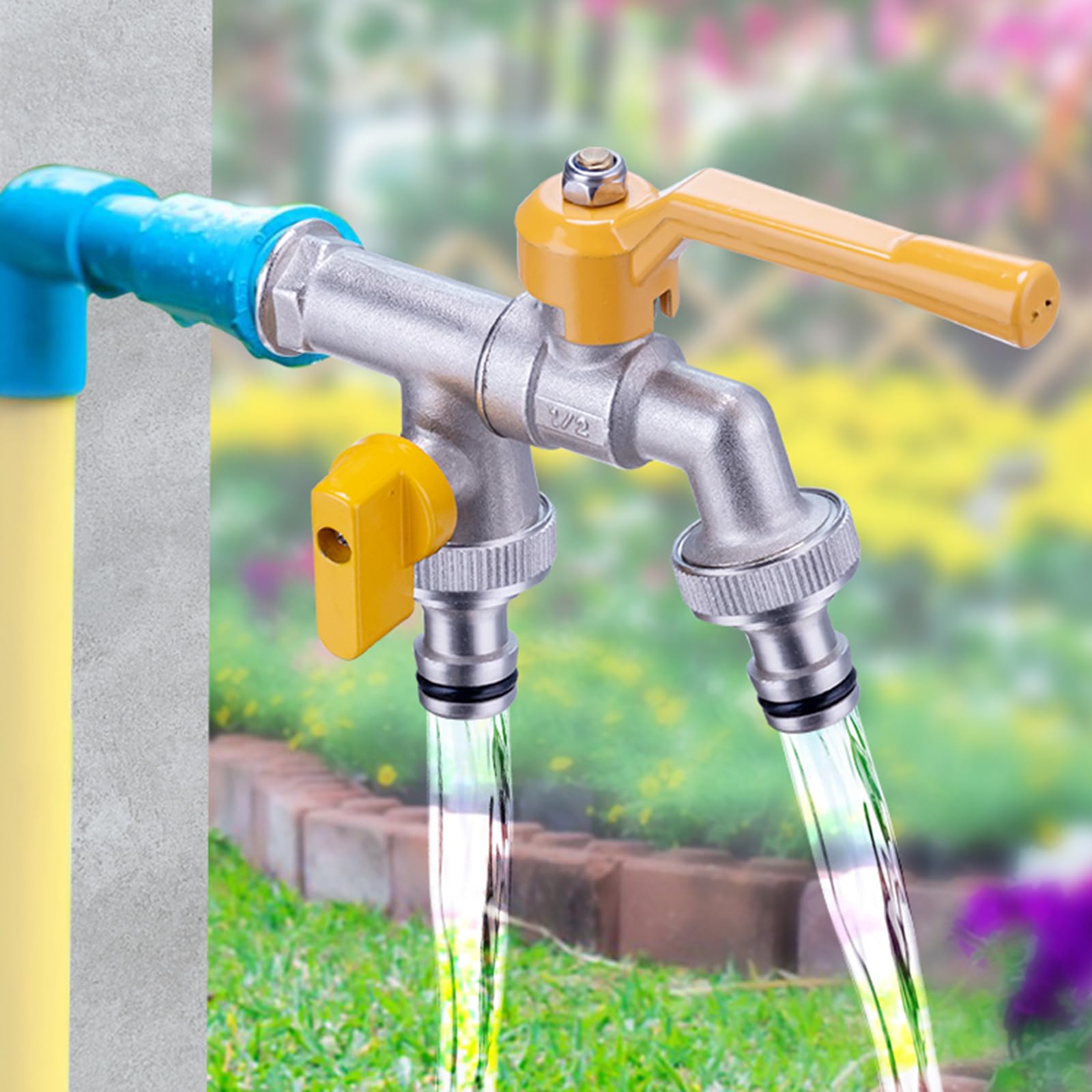 Rubinetto Da Giardino Esterno Valvola A Sfera in Ottone con Doppio Rubinetto Antigelo Da 1/2 Pollice per Irrigazione,Argento Cromato