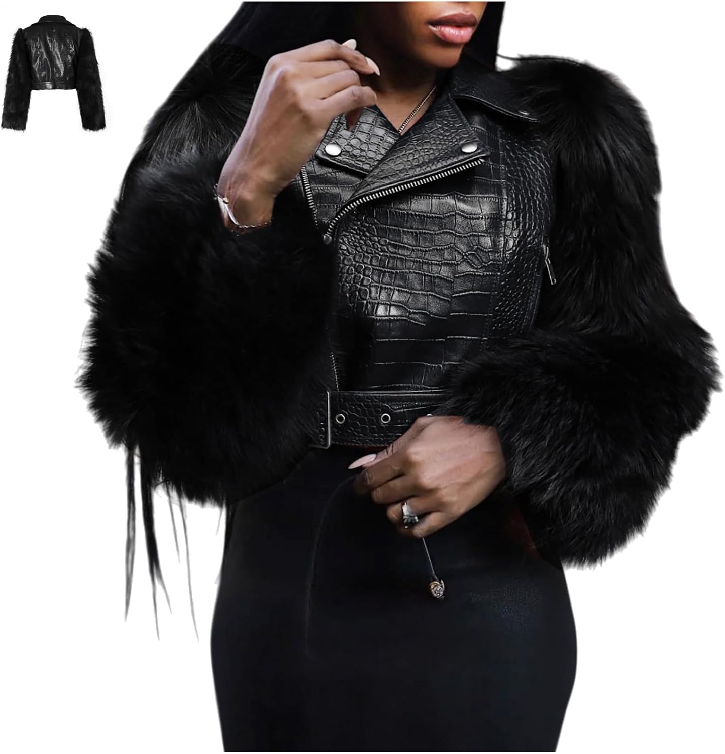 Faux Leather Jacket for Women Lapel Zipper Fur Sleeves Cropped Leather Jacket with Belt Winter Biker Cropped Jackets