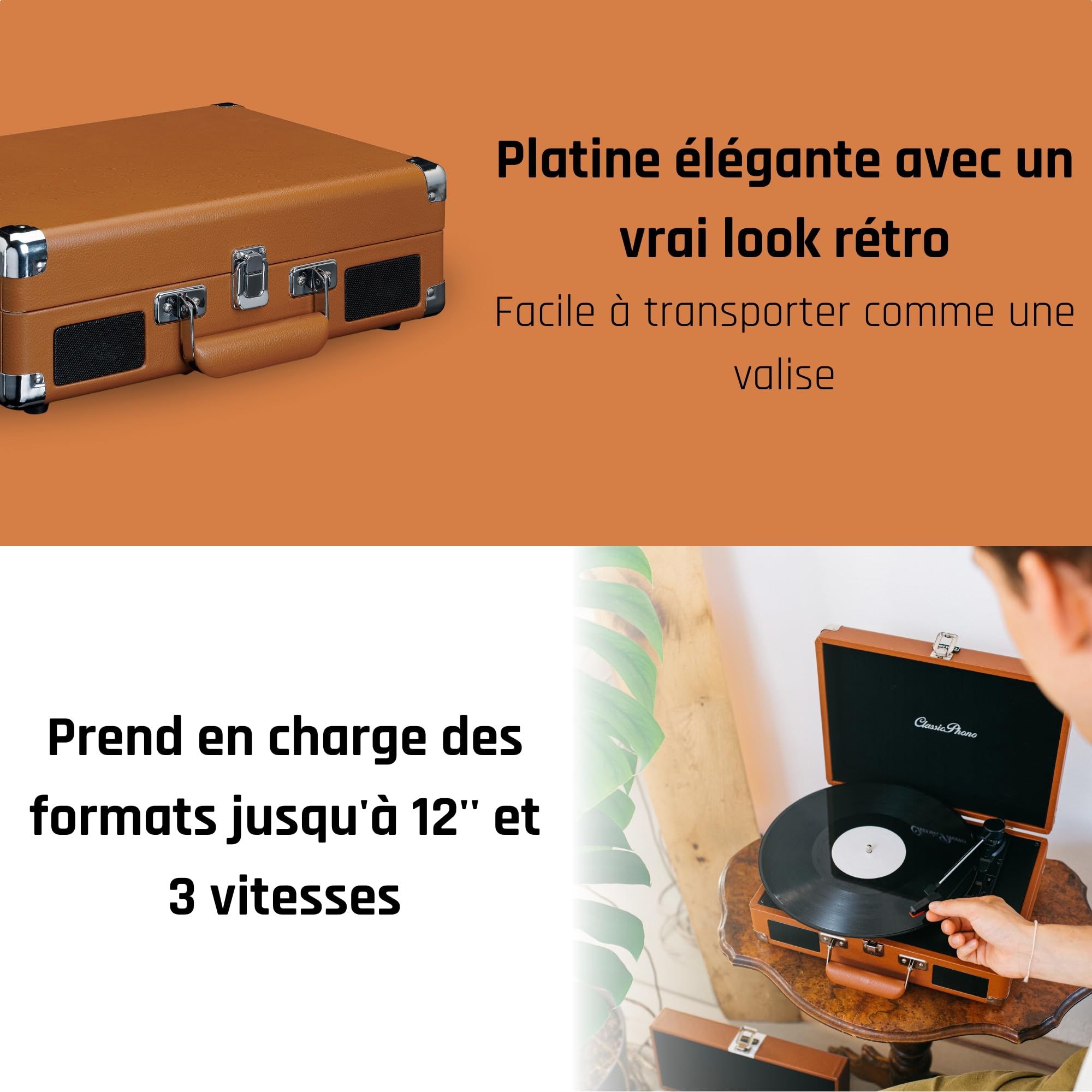 Lenco Classic Phono TT-10BN - Platine Vinyle Valise - Haut-Parleurs - Fonction arrêt automatique - 3 vitesses - Entraînement par courroie - AUX - Sortie ligne - Marron
