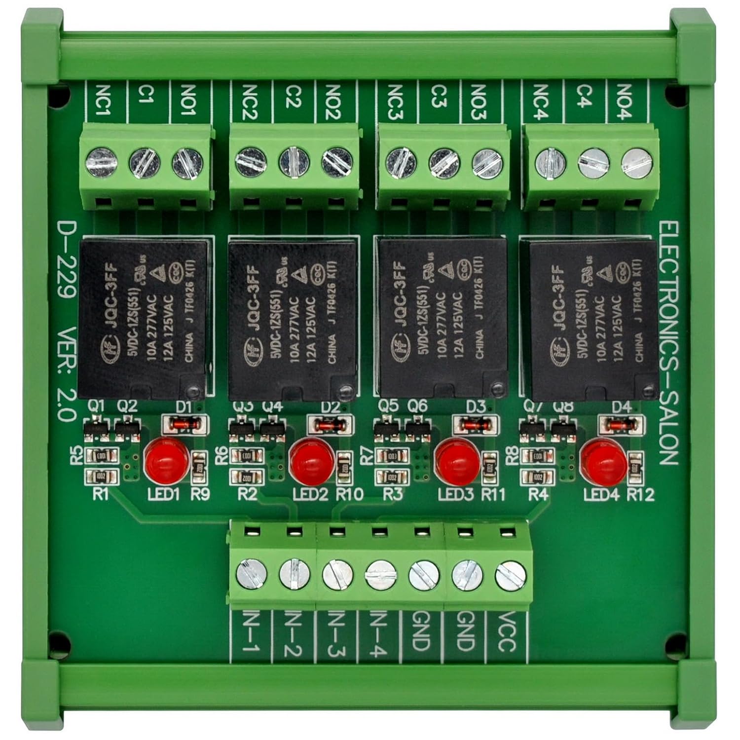 Electronics-Salon DIN Rail Mount 4 SPDT 10Amp Power Relay Interface Module, DC 5V Version.