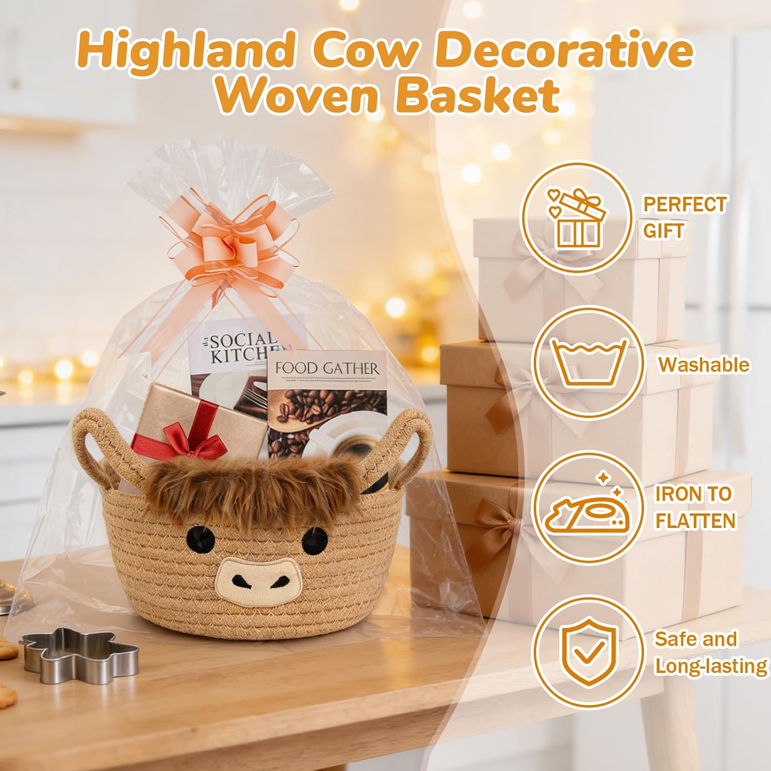 Highland Cute Cow Basket, Small Woven Rope Gift Basket with Bag Bow and Card, Empty Ribbon Cotton Storage Bin with Handles, Baby Shower 0rganizer Nursery Wedding Oval Shelves Decorative Bin