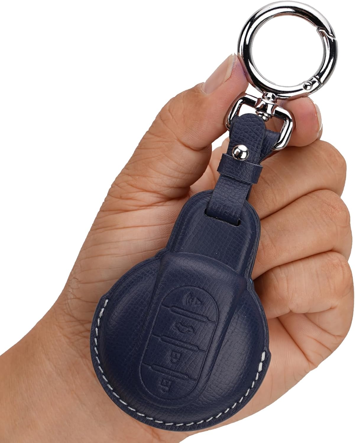 Leather Key Fob Cover with Keychain, Compatible with BMW Mini Cooper S, D, SD, F54-F61, R55-R61, S Roadster Smart Key (Blue)