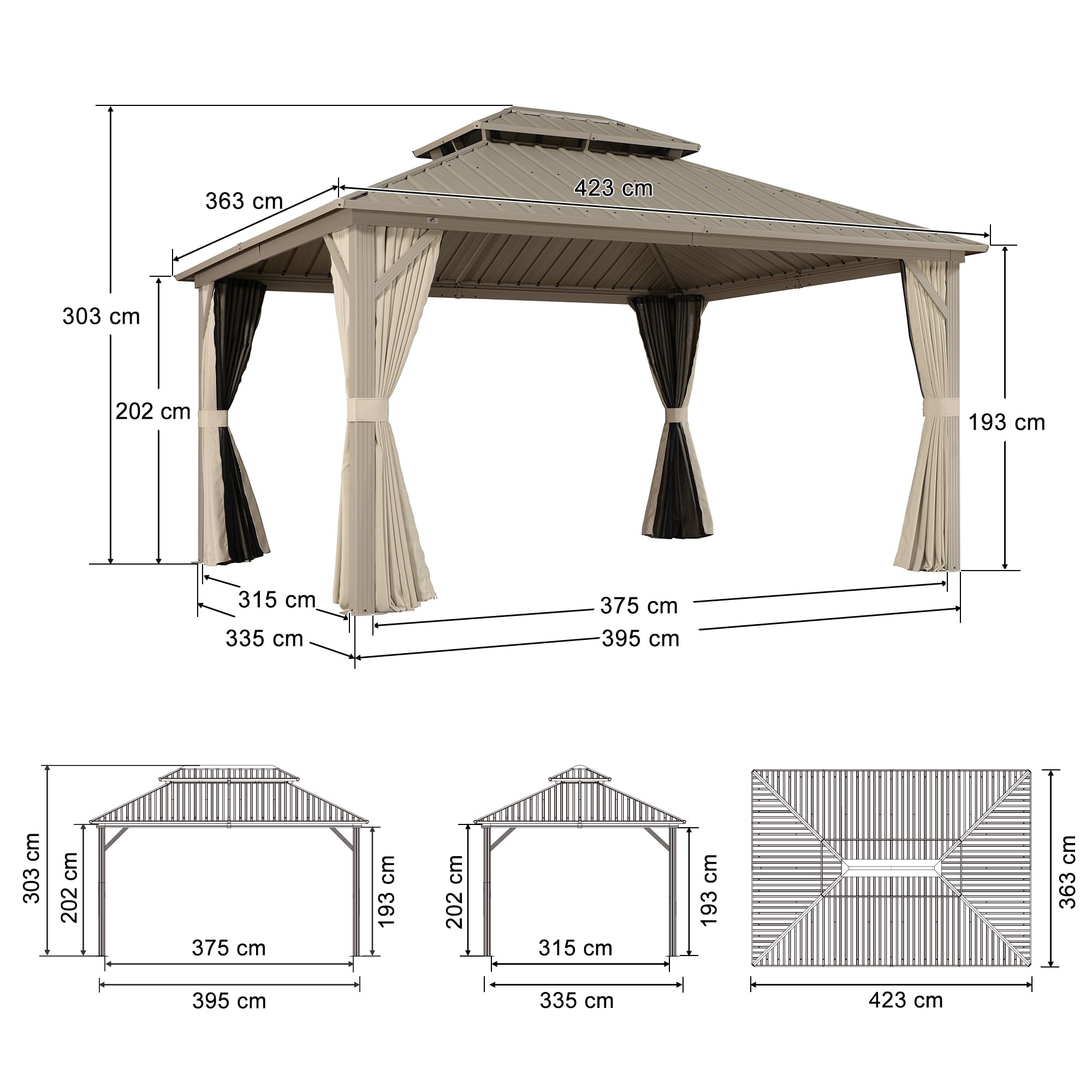 PURPLE LEAF Pabellón de Jardín Exterior de Aluminio 4,25 x 3,65 m, Pérgola de Acero Galvanizado con Doble Techo, Cenador de Jardín con Mosquitera y Cortinas para Camping, Fiesta, Barbacoa, Champán
