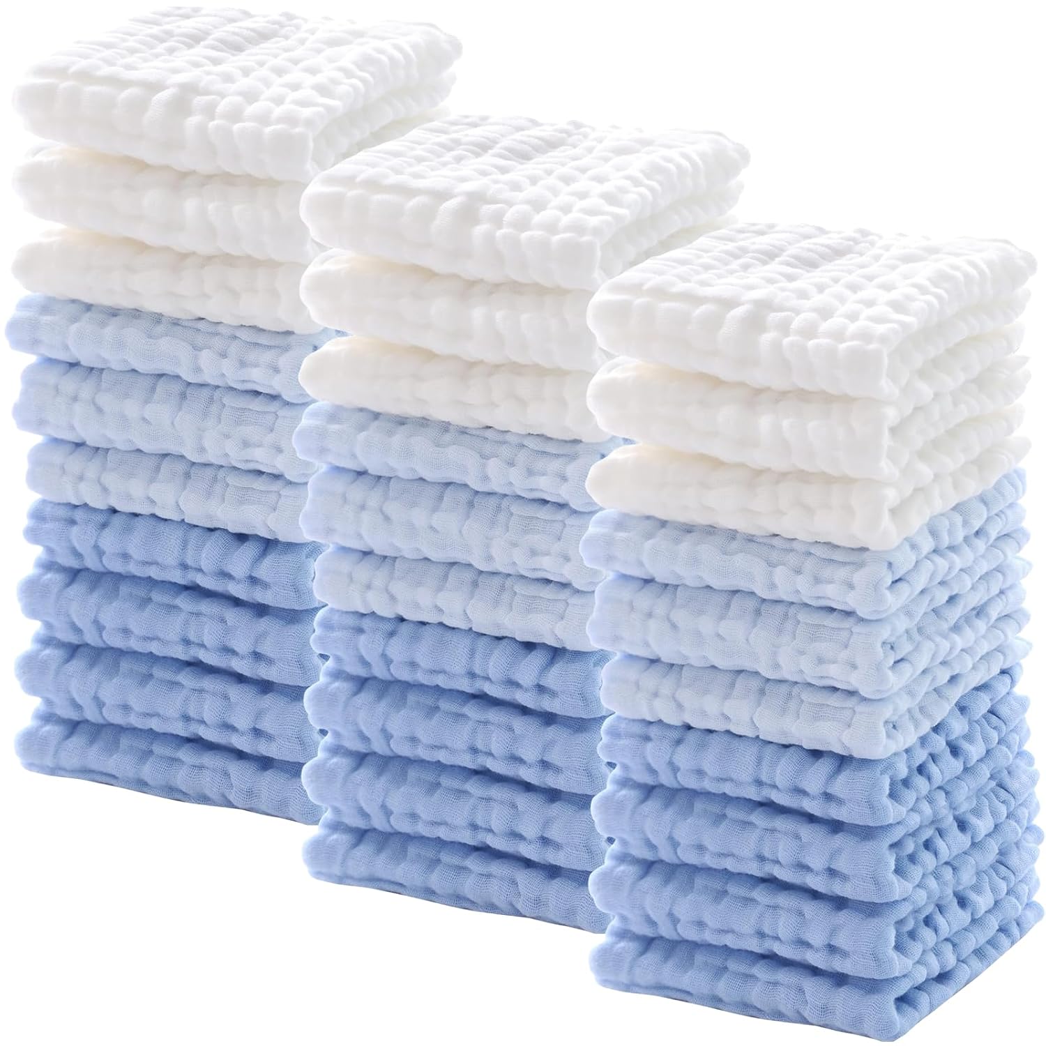 Chumia 30 Pcs Baby Muslin Washcloths Muslin Burp Cloths Baby Towel Natural Cotton Burp Cloths Wipes Soft Newborn Face Towel Absorbent for Face Bath Shower, 12 x 12''(Blue, White, Green, Yellow, Pink)