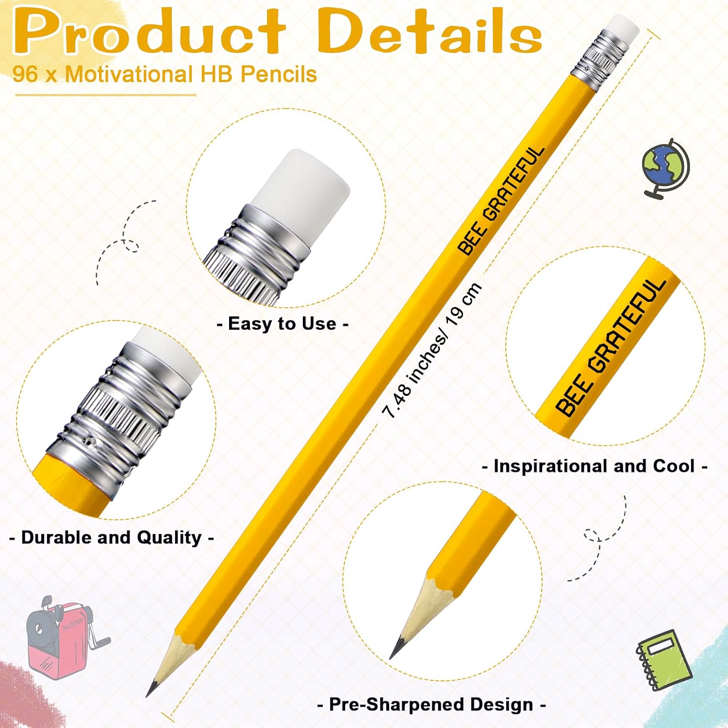 Spakon 96 Pcs Bee Pencils Bulk for Students, Back to School Gifts, Motivational HB Pencils in 8 Styles, Classroom Rewards, Teacher Supplies, First Day of School Welcome Gifts