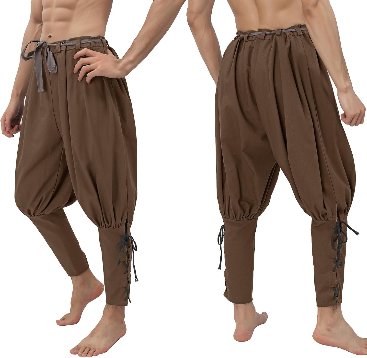 Men's Baggy Harem Medieval Pirate Renaissance Lace Up Ankle Linen Cosplay Pants Brown