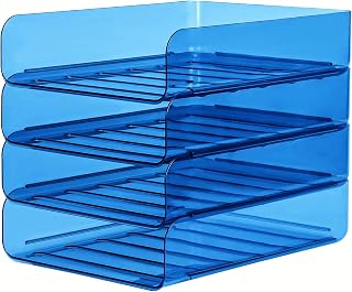 4 Pack Stackable Paper Tray Organizer File Organizer for Desk, Office Organizer and Storage for Desk Accessories, Notes, Books, File Paper, Document, Blue