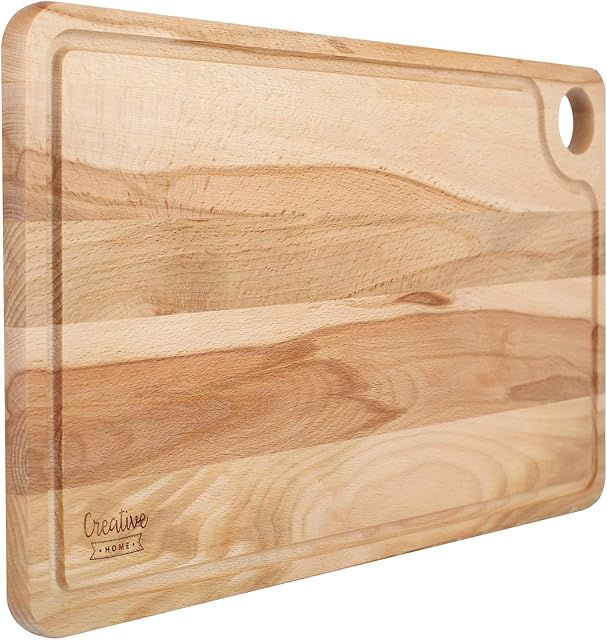 Creative Home Large Wooden Cutting Chopping Board | 42x24,5x1,5cm | Natural Beech Wood - Better than Bamboo | Rectangular Kitchen Board + Juice Groove | Perfect for Meat, Fruit, Bread, Serving Platter