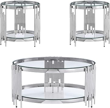 Round Glass Coffee Table Set of 3, Silver Living Room Table Set with Coffee Table and 2 End Table, 2-Tier Glass Table with Stainless Steel Legs and Clear Tempered Glass for Living Room