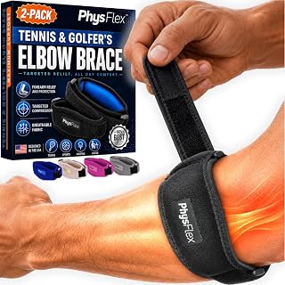 PhysFlex 2-Pack Elbow Brace for Men & Women, Adjustable Tennis & Golfer's Elbow Support Strap for Tendonitis, Tennis Elbow, Golfer's Elbow Pain Relief - Compression Pad for Arm, Forearm, Tendon Pain