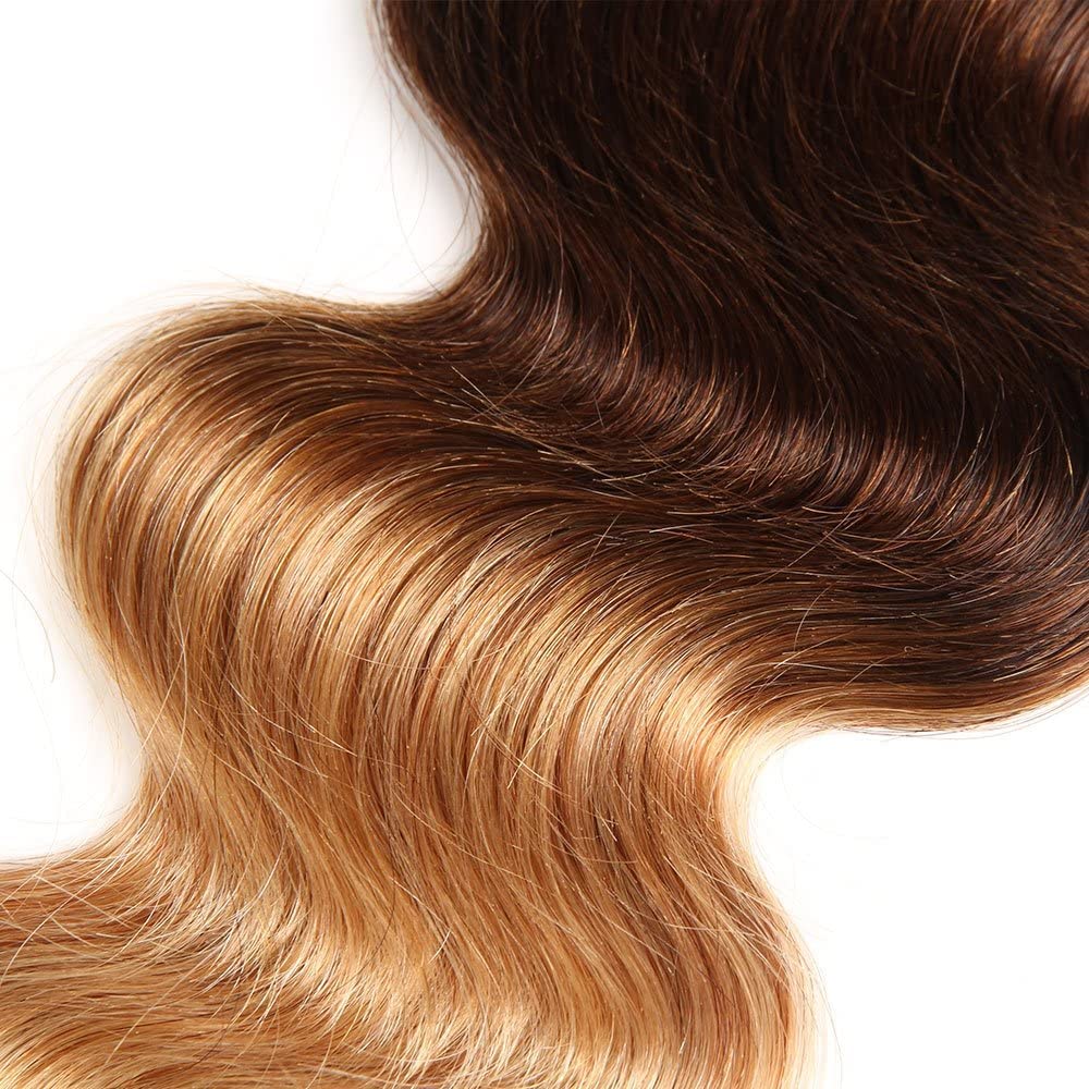 Ombre Echthaarbündel Brasilianisches Haar Körperwelle (T1B/4/27,22 24 26+20) - 3 Bündel Mit Verschluss, Jungfrau Remy Haarbündel 3 Ton Schwarz Bis Blond Echthaar Webart