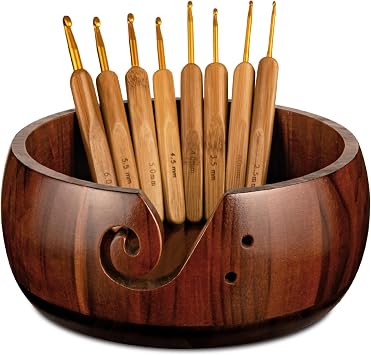 Wooden Yarn Bowl Holder, Craft Knitting Bowl with 8pcs Metal Crochet Hooks, 7.9Large Yarn Holder Dispenser Yarn Storage Bowls, for Knitters & Crocheters Brown 7.9 inch