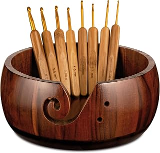 Wooden Yarn Bowl Holder, Craft Knitting Bowl with 8pcs Metal Crochet Hooks, 7.9''Large Yarn Holder Dispenser Yarn Storage Bowls, Gift for Knitters & Crocheters (Brown 7.9 inch)