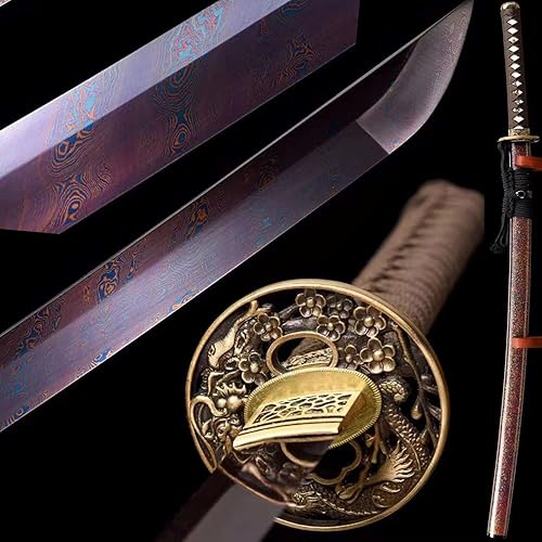 HERO SWORD Espada Katana auténtica hecha a mano de acero de Damasco real, espada samurái de espiga completa, afilada, chizo japonés, Muramasa,