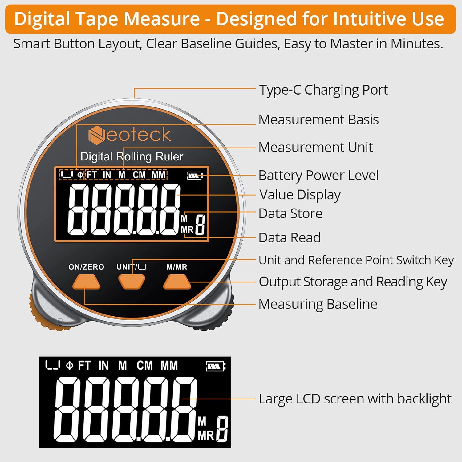 Neoteck Digital Tape Measure 656Ft, Rechargeable Electronic Rolling Ruler with LCD Display,Measures Curve,Diameter&Flat Surface,Portable Rolling Wheel Tape Measurefor DIY,Woodworking,Home Renovation