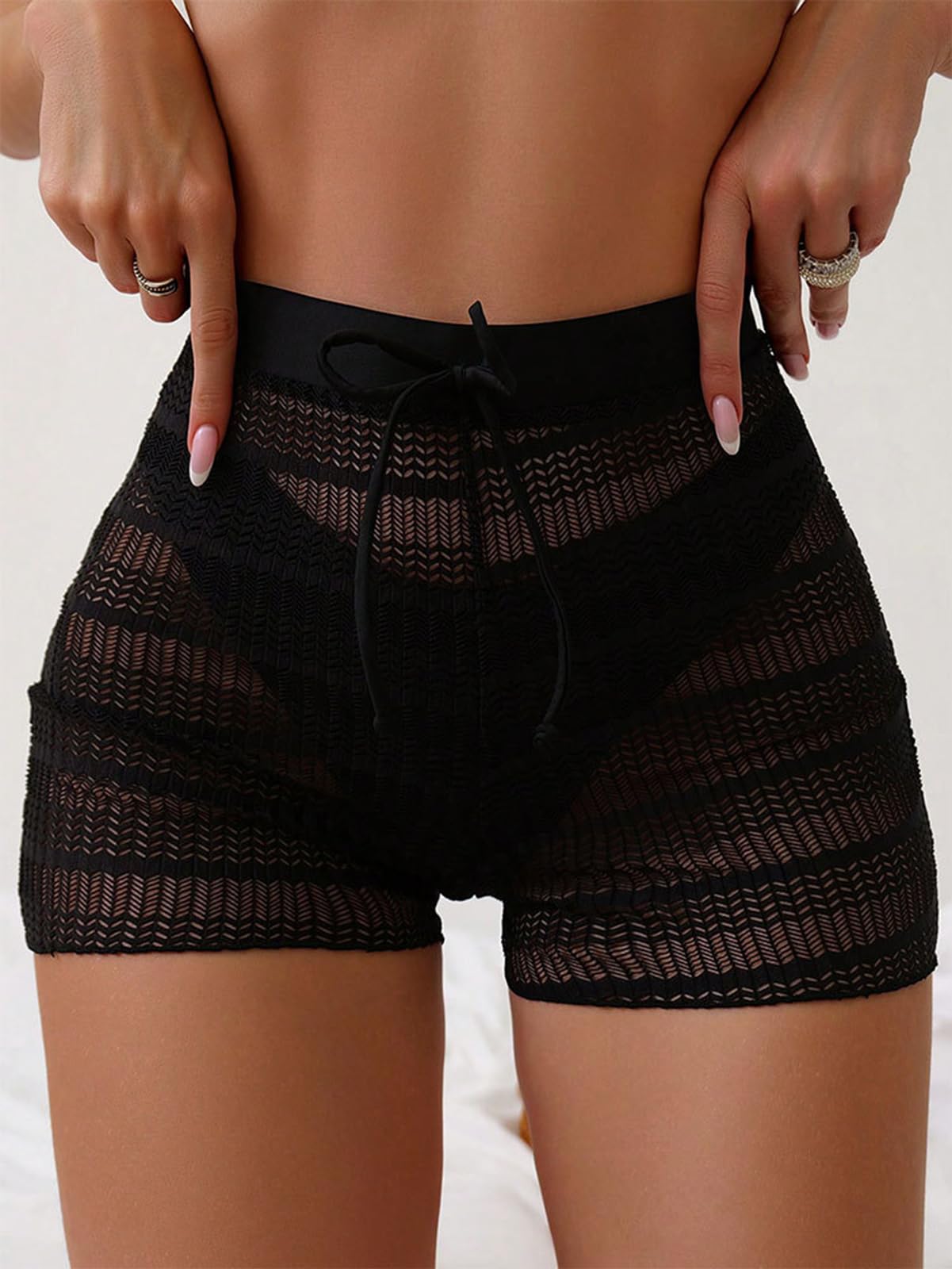 Pantalones cortos para mujer con abertura y cintura alta, semitransparentes con lazo frontal (bragas no incluidas), 871 negro 5
