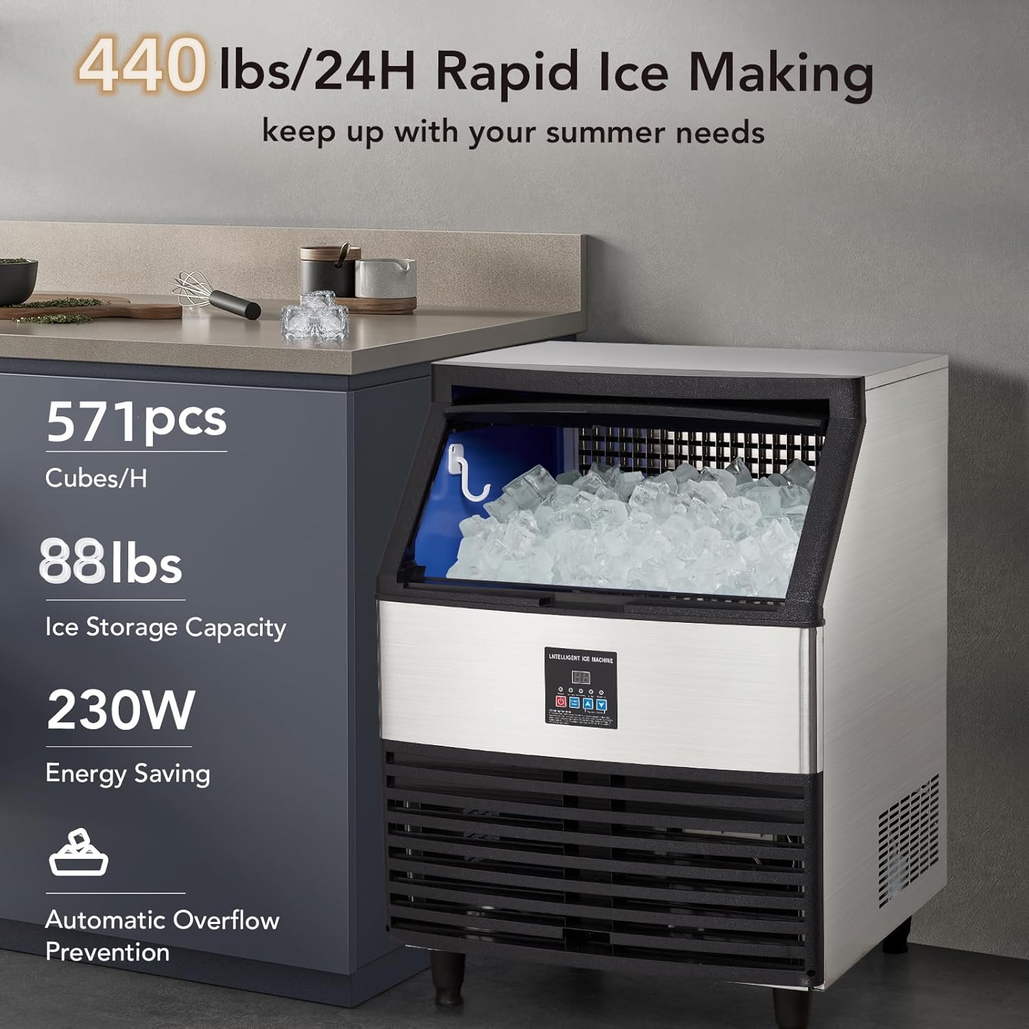 Close-up of the CuisinAid ice maker's multi-function LCD control panel with buttons for Power, Ice Thickness adjustment, and Cleaning.