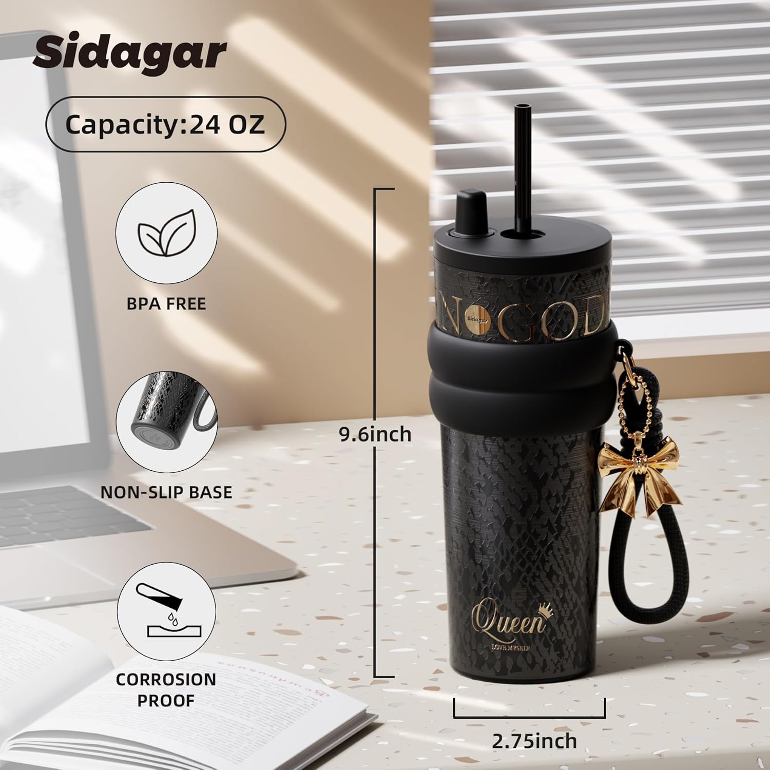 24 oz Stainless Steel Tumbler with Lid and Straw, Insulated Water Bottle Leak Proof for Hot and Cold, Portable Travel Coffee Mug, Reusable Coffee Cup for Women, Matte Black