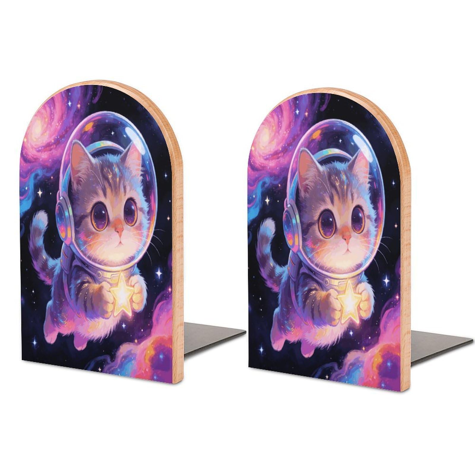 Space Cat Bookend Wood Book End for Shelves Heavy Duty Non-Slip Wooden Bookend Support Universal Economy Bookends Fancy Modern Decorative Book Accessories 1 Pairs