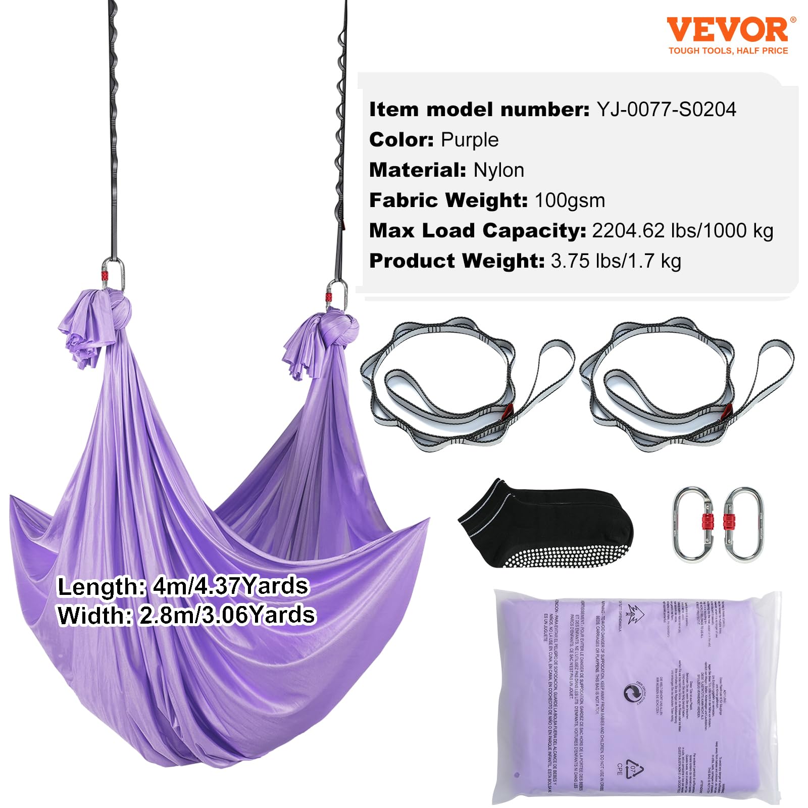 VEVOR Amaca e altalena per yoga aerea, kit per principianti yoga con tessuto in nylon da 100 g/m², installazione semplice, volo antigravità per bodybuilding fitness di tutti i livelli, viola