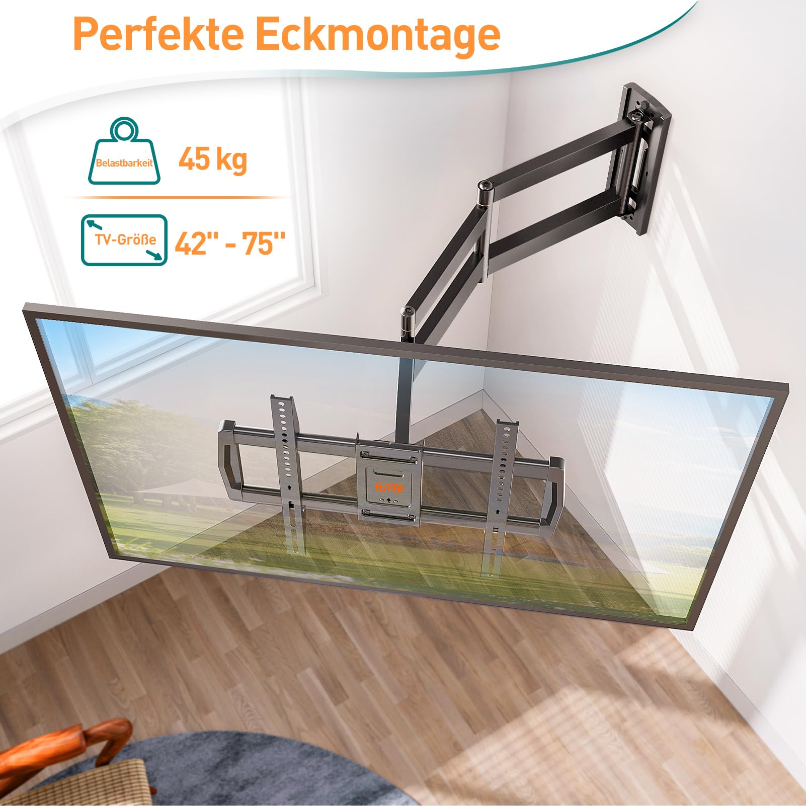 ELIVED Supporto da parete per TV a braccio lungo con 962 mm per TV Most 42-75 pollici, Full Motion TV Mount swivelling and Tilting, Holds up to 45 kg. Supporto TV Max VESA 600 x 400 mm EV3038