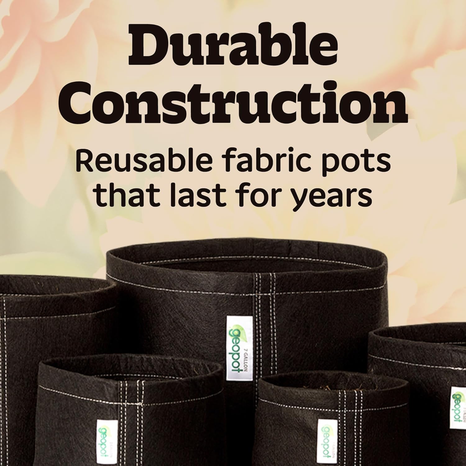 GeoPot 7 Gallon Fabric Grow Bags for Vegetables, Houseplants, Herbs & Flowers |5-Pack| Fabric Pots for Outdoors and Indoors, Aerated Fabric Grow Bags